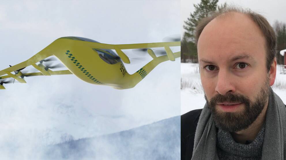 En delad bild på ett elflygplan och Gustav Borgenfalk, en av grundarna till elflygsutvecklingsföretaget Katla Aero.