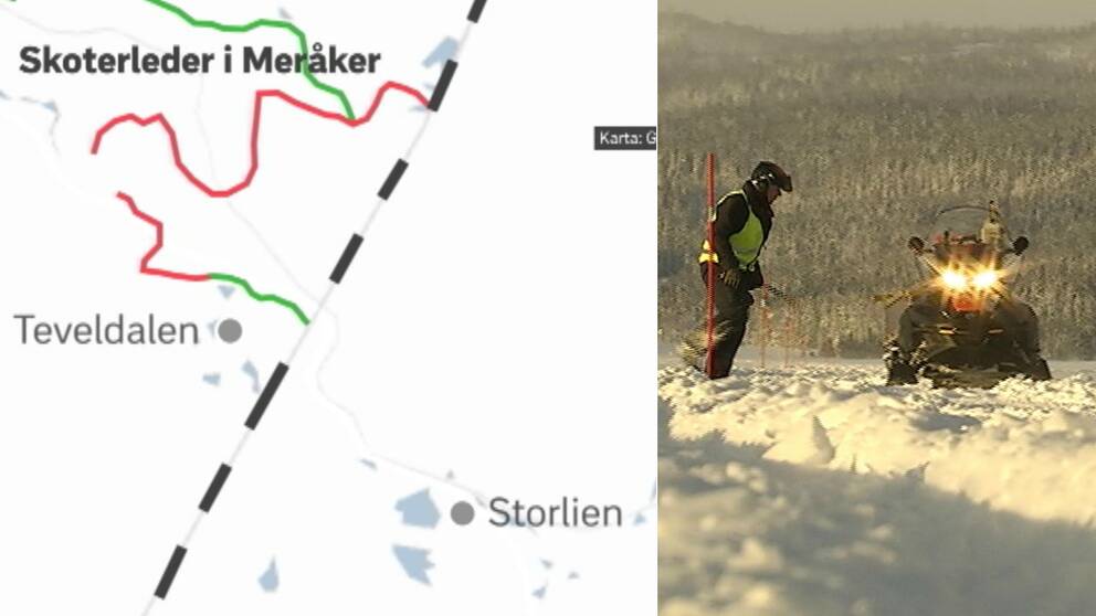 Karta över Meråkers planer på skoterled till svenska gränsen vid Storlien. Bild på ledvärd vid skoter.