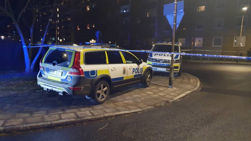 Polisbilar och avspärrningstejp vid mordplatsen på Professorsgatan i Hermodsdal i Malmö.