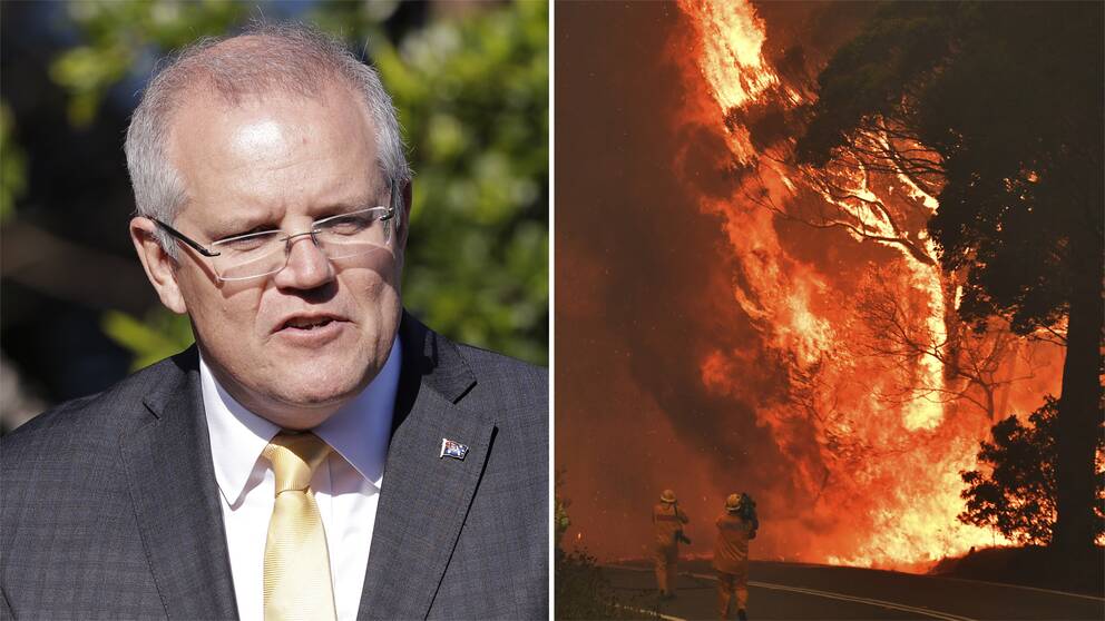 Australiens premiärminister Scott Morrison och en bild från en brand i den australiska delstaten New South Wales