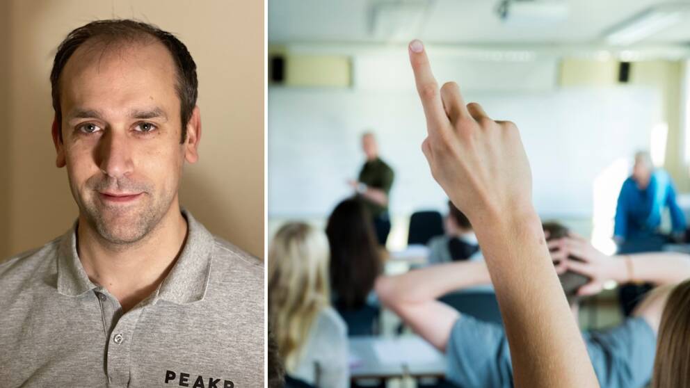 Collage. Vänster bildhalva: Rektor Jonas Winder. Höger bildhalva: Ett klassrum med elever.