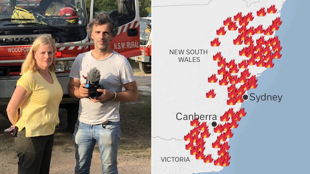 SVT Nyheters utsända Ulrika Bergsten och Ronald Verhoeven befinner sig några mil väster om Sydney där risken för bränder ökat med byiga vindar och höga temperaturer.
