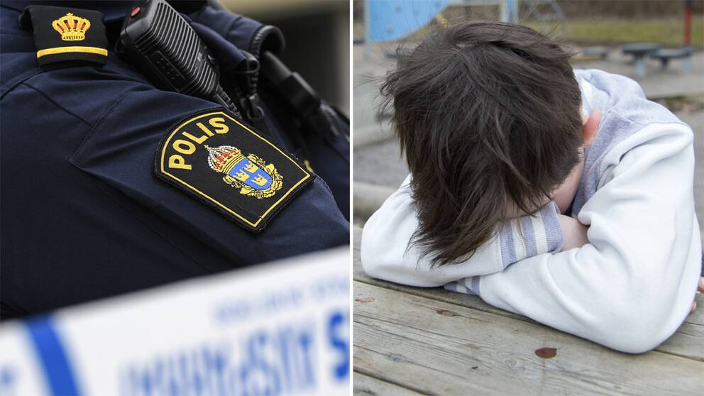 En bild på en axel tillhörande en polis och en bild på ett barn ser ledset ut.