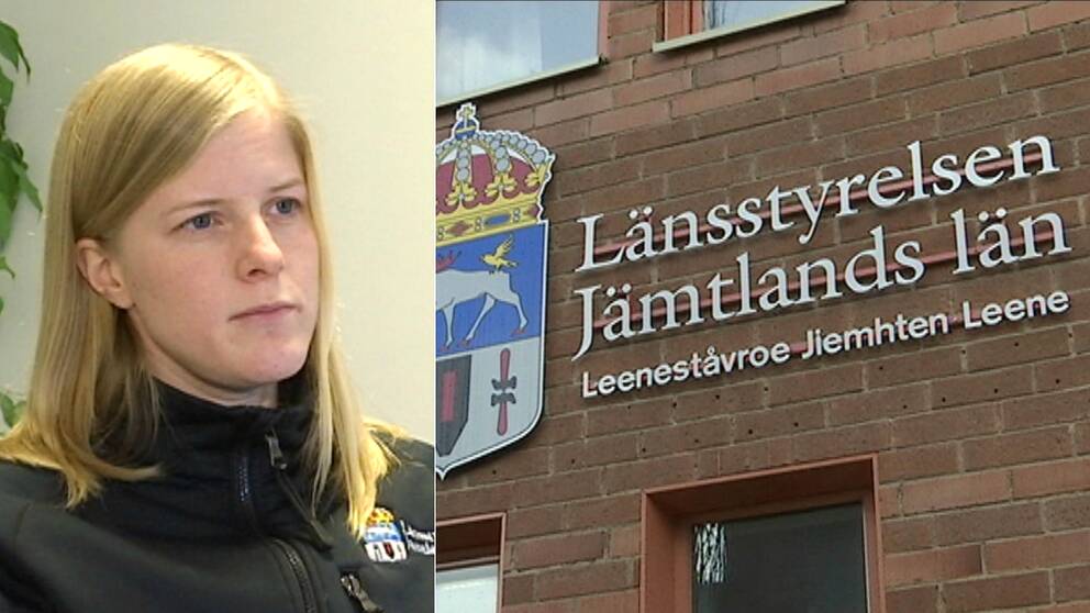 Bild på blond kvinna, och en exteriörbild på Länsstyrelsen i Jämtland