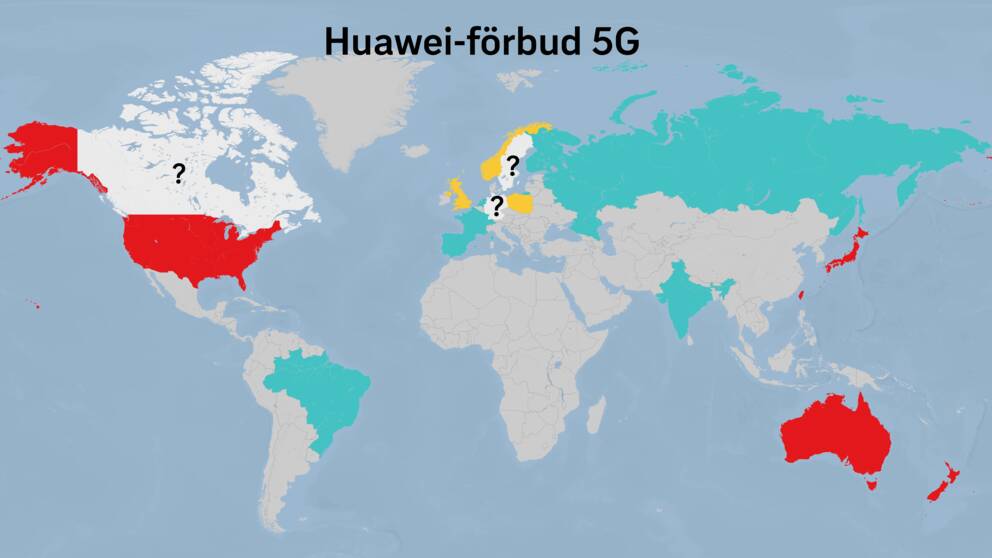 Karta som visar vilka länder som har förbjudit Huawei som 5G-leverantörer.