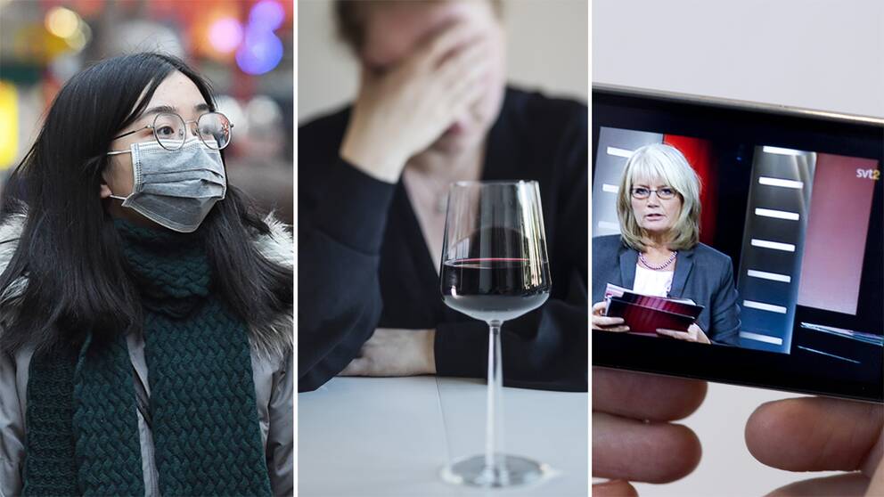 En kvinna med munskydd, en kvinna med ett glas vin och en bild från en Aktuellt-sändning.