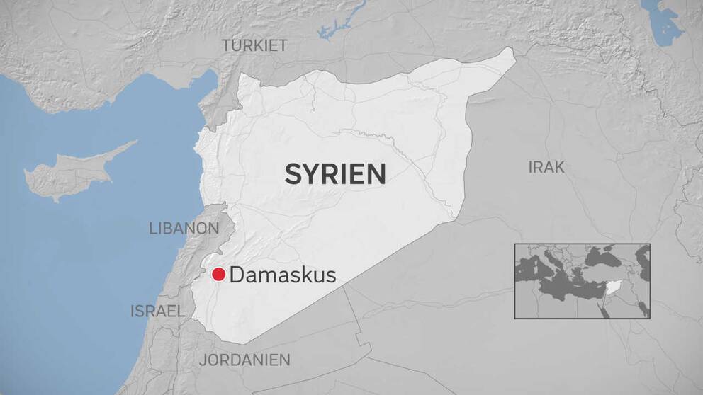 En karta över syrien med Damaskus utpekat.