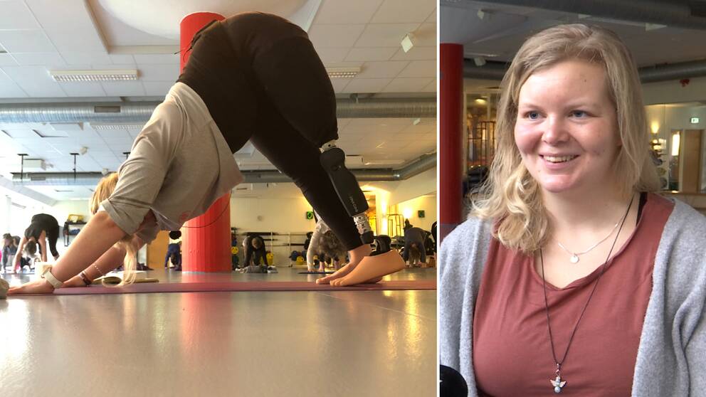 Kvinna står i yogaposition, hennes ena ben är en protes.