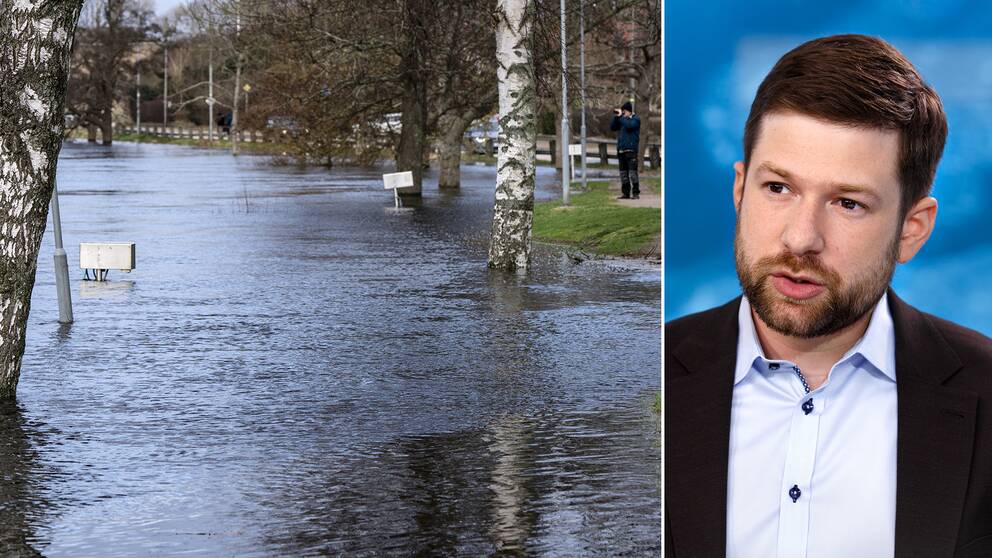 En bild på det höga vattnet i Lagan, till höger SVT:s meteorolog Nitzan Cohen.