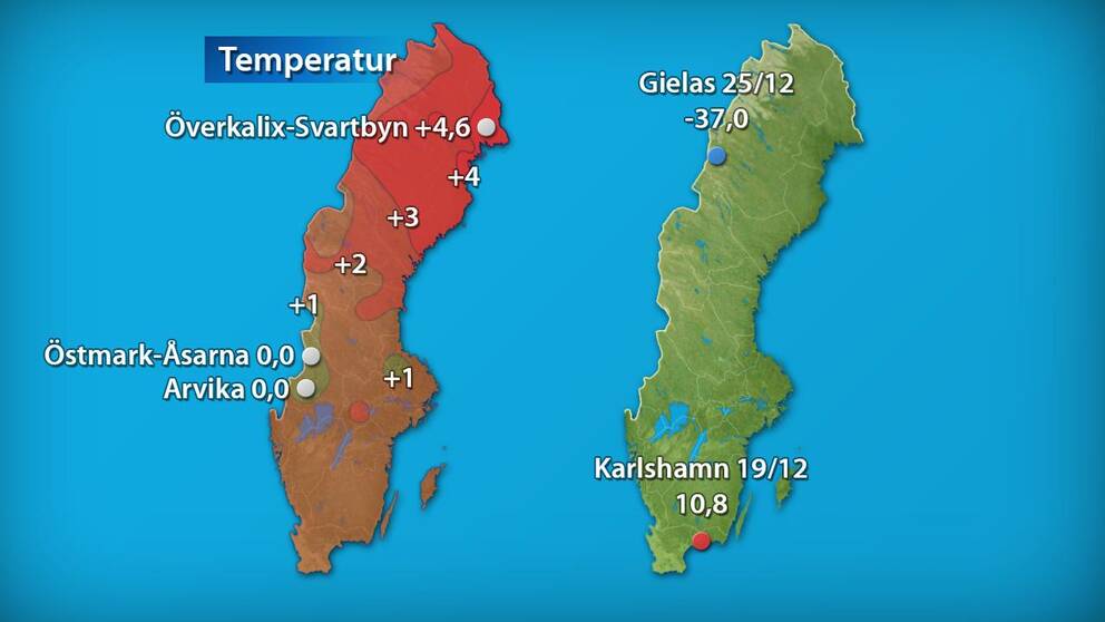 Till vänster månadens medeltemperatur jämfört med referensperioden 1961-1990 (och de stationer som fick störst/minst över/underskott). Till höger månadens högsta och lägsta temperatur.