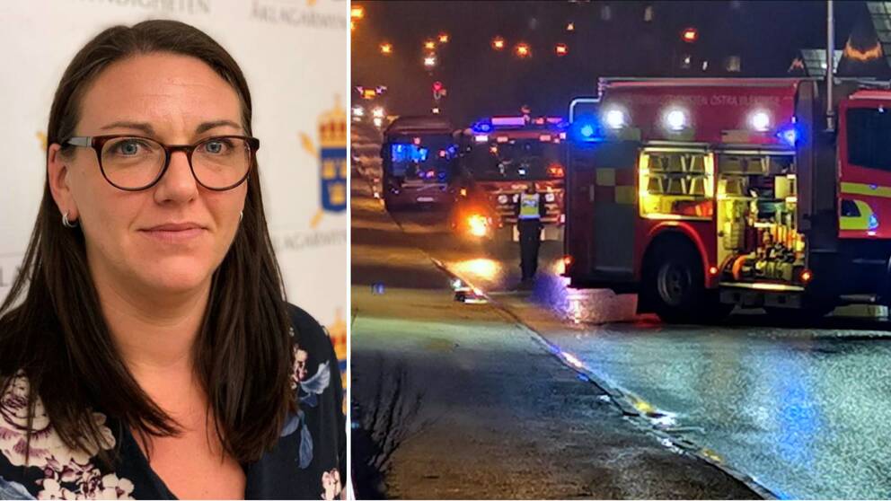 kvinnlig åklagare med glasögon i bildmontage med trafikolycka
