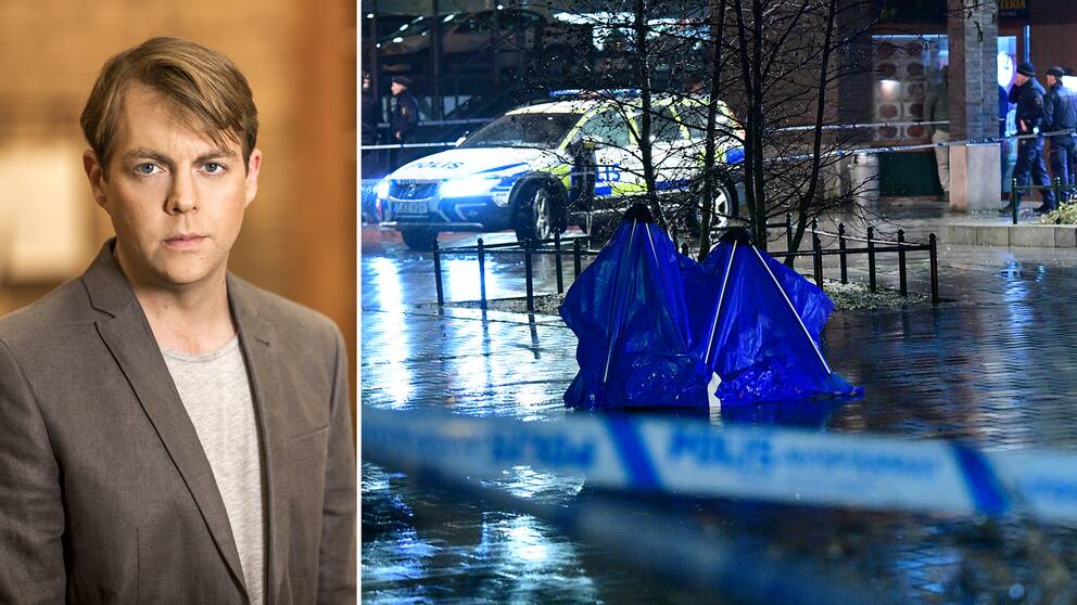 ”Kriminella läser också nyheter”, säger Christoffer Carlsson, kriminolog och expert i ”Veckans brott”. På bilden till höger syns polisens kriminaltekniker i samband med skottlossning i Malmöstadsdelen Hyllie tidigare i mars.