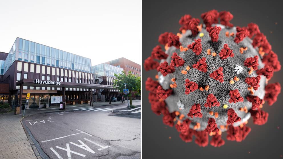Blekingesjukhusets entré i Karlskrona och en modell av coronaviruset