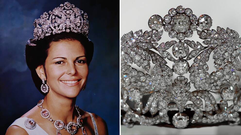 Ett foto från 1976 som är det första officiella fotot på drottning Silvia, och på bilden bär hon det tre kilo tunga brasilianska diademet. Den andra bilden är en närbild på briljanterna i diademet.