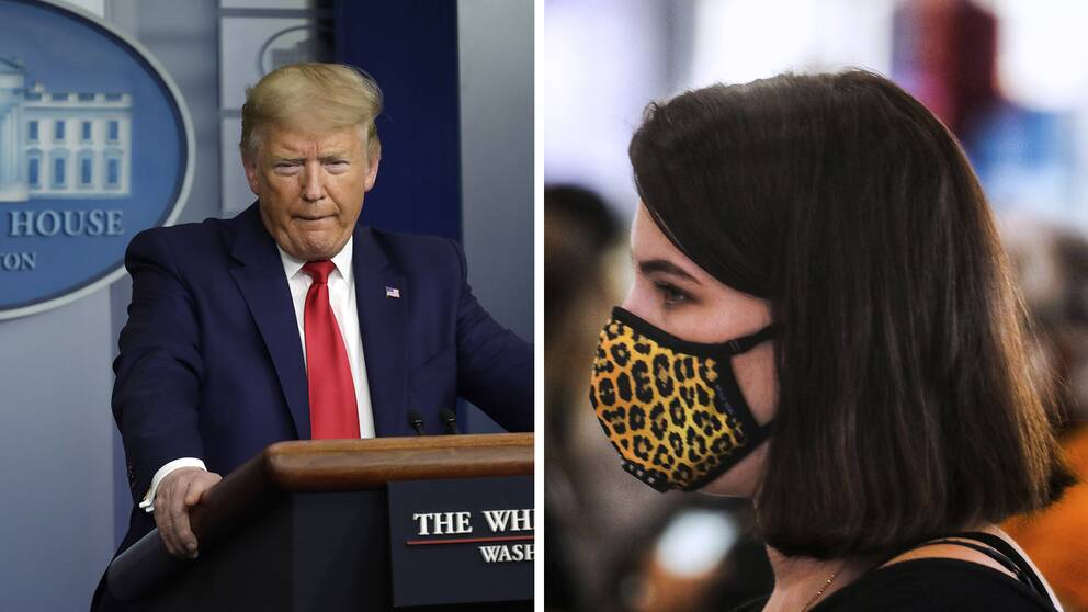 Donald Trump. Kvinna i profil med munskydd av tyg.