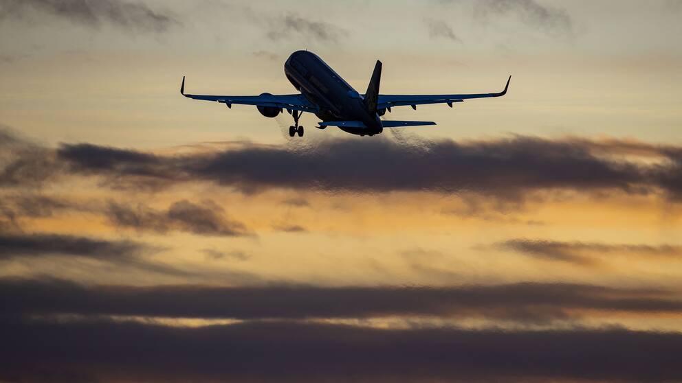Ett flygplan lyfter i solnedgången.