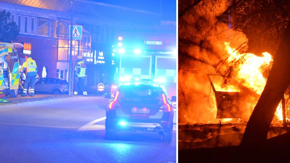 Till vänster polis och ambulans på plats på Koppargatan i Norrköping där den misstänkte skottlossningen skedde. Till höger den brinnande bilen i Åby som utreds för eventuellt samband med brottet.