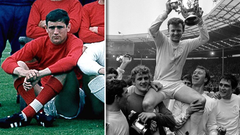 Vänster: Norman Hunter i den engelska VM-guldtruppen 1966. Höger: Leeds firar segern i ligacupen 1968, Hunter är längst till höger i bild.