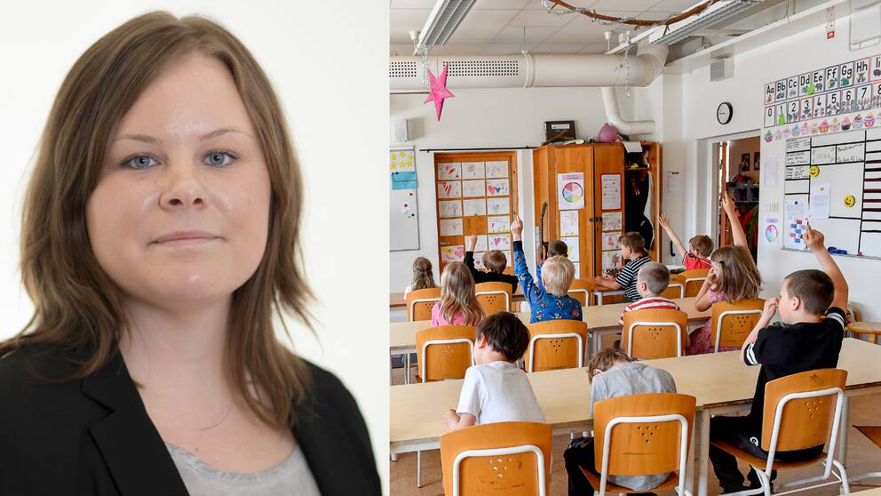 Kollage med en porträttbild på en kvinna och ett klassrum med barn.