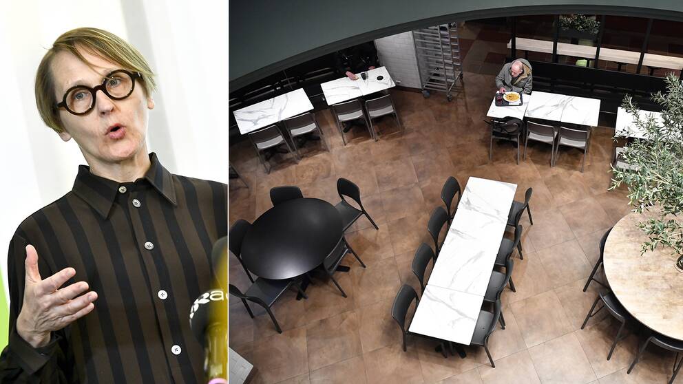 Till vänster Annika Sundén, analyschef på Arbetsförmedlingen, och till höger med en i princip tom restaurang.