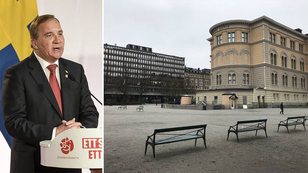 Statsminister Stefan Löfven (S) under sitt digitala första maj-tal och ett tomt Norra bantorget, där Socialdemokraternas första maj-tåg normalt avslutas.
