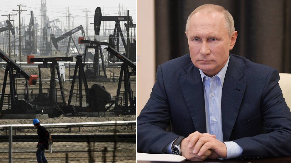 Krönika: Om levnadsstandarden i Ryssland börjar sjunka när ojleinkomsterna sinar – är det då Putins fel? Arkivbilder på Putin och ett oljefält.