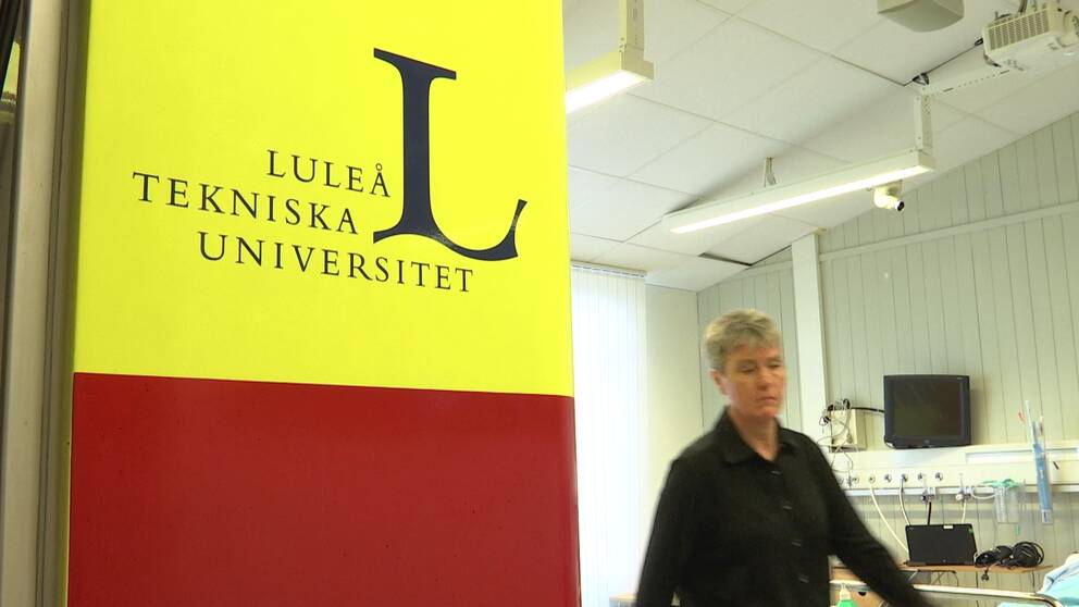 Luleå tekniska universitets logga och en person som går till höger i bilden.
