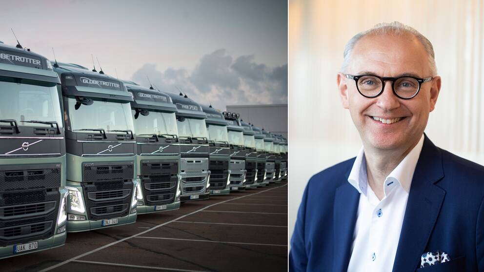 Volvolastbilar på rad samt Ramsay Brufer, ägaransvarig på Alecta