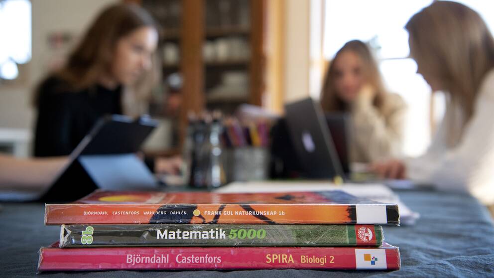 I förgrunden syns tre skolböcker staplade på varandra (i fokus). I bakgrunden syns tre gymnasieelever framför sina laptops i en hemmiljö (ur fokus).