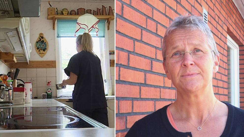Till vänster en bild på hemtjänstpersonal som städar i ett kök. Till höger en bild på en kvinna med grått hår och glasögon, Arjeplogs kommunalråd Britta Flinkfeldt.