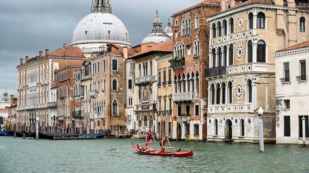 Gondoljärer övar i Venedig.