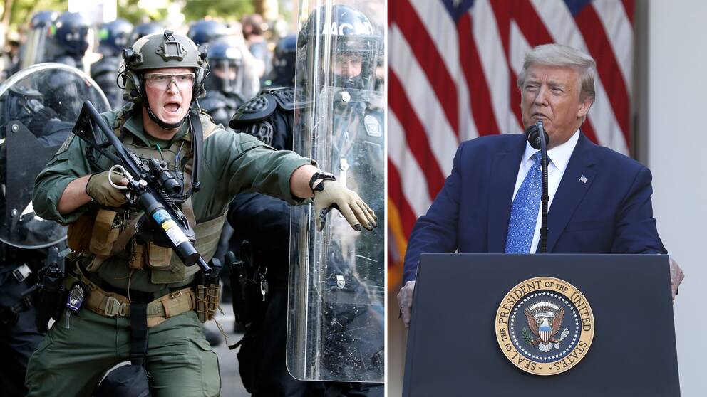 Donald Trump talade utanför Vita Huset kort efter att polisen skjutit tårgas mot demonstranter inte långt därifrån.