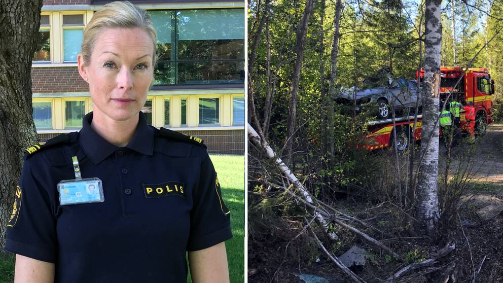 Polis Alexandra Bergström och olycksbilen på en bärningsbil.