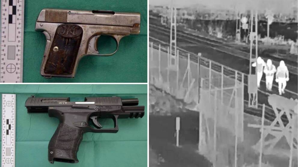 Montage på bilder ur polisens förundersökning. Två pistoler i separata bilder till vänster. Till höger: en bild på de misstänkta som fastnade på en övervakningskamera en bit bort från brottsplatsen.
