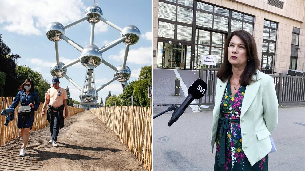 Bild på Atomium i Bryssel samt bild på utrikesminister Ann Linde (S).