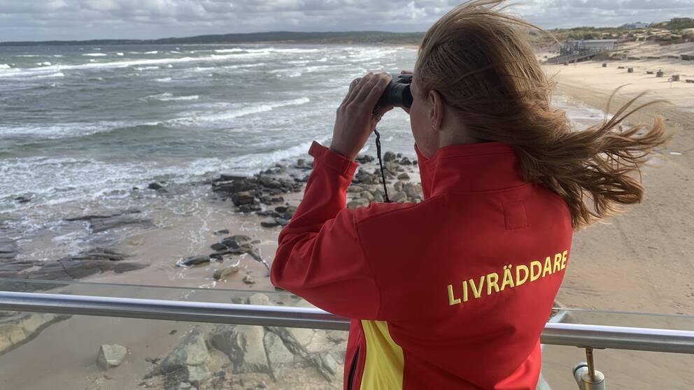 På bilden syns en kvinnlig livräddare med brunt hår kika över Tylösands strand och kust. Hyfsat kraftiga vågor syns.