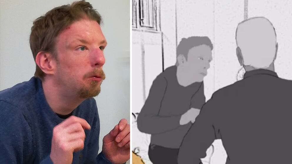 Till vänster en bild på autistiske Dick som fått utstå hot och kränkningar från en ur personalen på ett LSS-bonde och till höger en animerad bild som föreställer händelsen. 