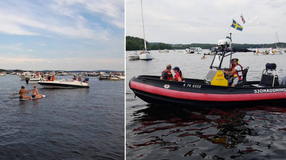 delad bild: Hundratals båtar som samlats på sjön Runn, samt en av Sjöräddningssällskapets båtar.