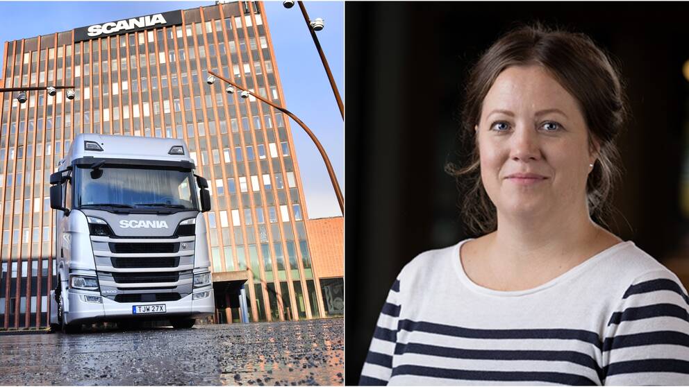 Vänster: Scania-lastbil utanför Scania 
Höger: Karin Hallstan, pressansvarig på Scania