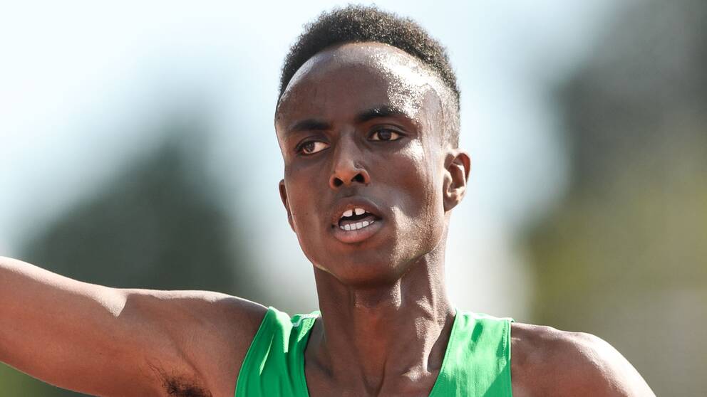 Suldan Hassan, Ullevi FK, jublar efter herrarnas final i 5000 meter under friidrotts-SM den 16 augusti 2020 i Uppsala.