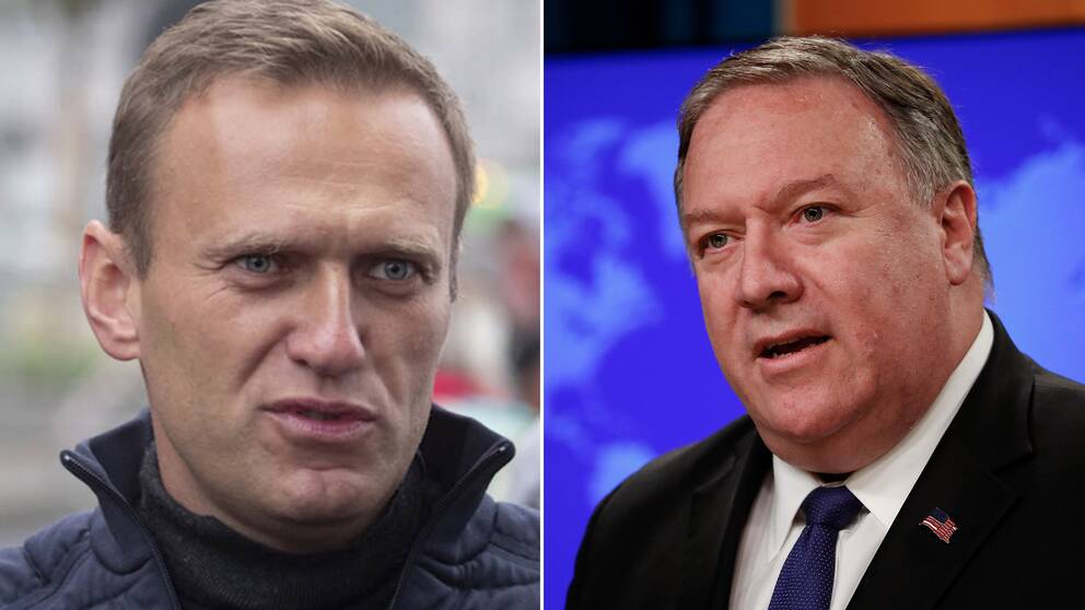 Det finns en stor risk att Moskva ligger bakom förgiftningen av oppositionspolitikern Aleksej Navalnyj, säger USA:s utrikesminister Mike Pompeo i en radiointervju. Bilden visar Aleksej Navalnyj och Mike Pompeo.
