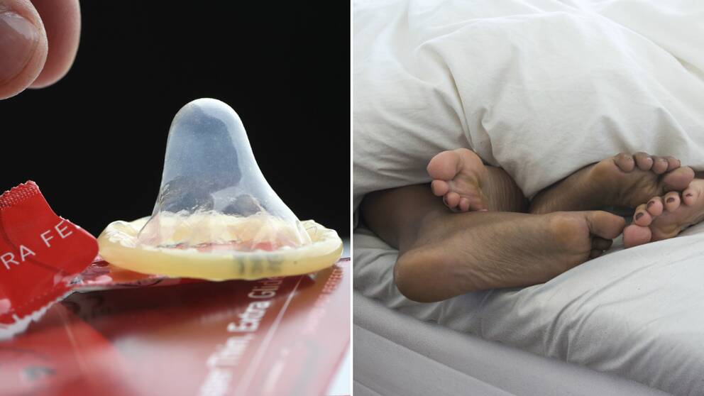 Bild på en kondom och fötter i en säng.