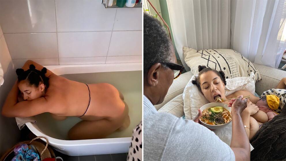 Asabea Britton under förlossningen i badkaret och bild på när hon äter mat i soffan efteråt.