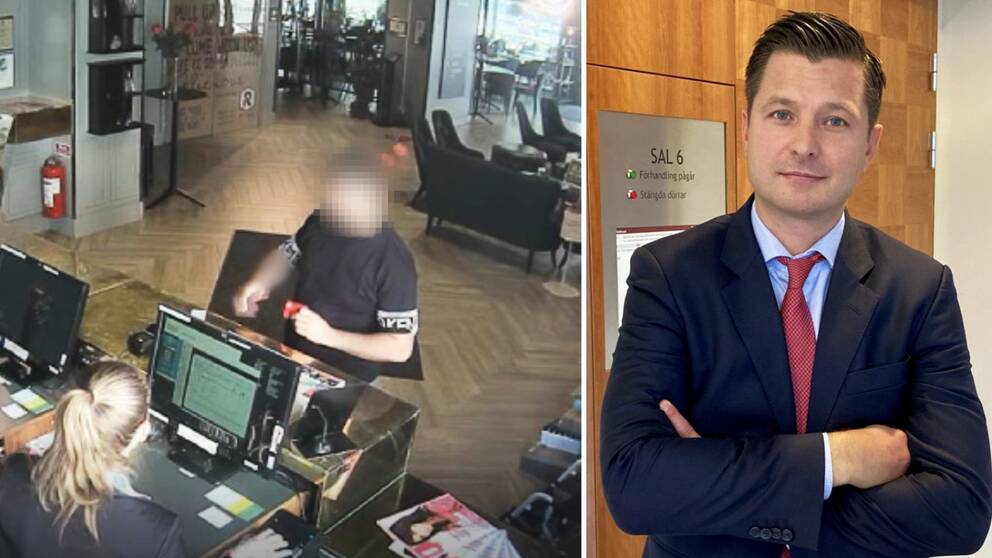 (tv) 27-åringen på övervakningsbild i Göteborg (th) advokat Jesper Arvenberg.