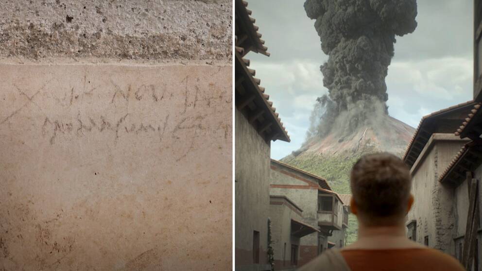 En nästan 2000 år gammal inskription av kol som hittats på en vägg i Pompeji, samt en dramatiserad bild av hur det kan ha sett ut när befolkningen i Pompeji tittade upp mot vulkanutbrottet.