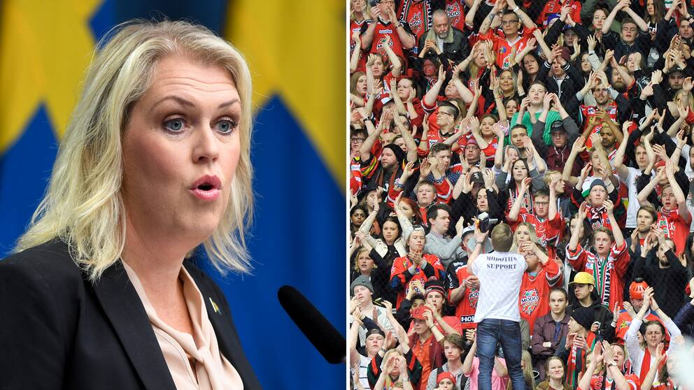 Socialminister Lena Hallengren (S) vid dagens presskonferens.