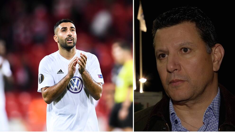 Dubbelbild. Till vänster fotbollsspelare i vita kläder applåderar publiken. Till höger intervjubild med mörkhårig kortklippt man i blå skjorta och mörk kavaj.