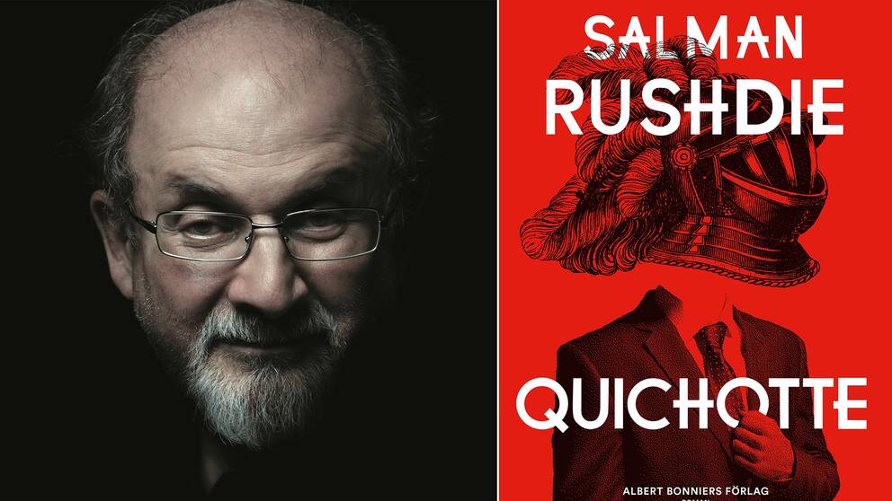Salman Rushdie och omslaget till hans nya roman Quichotte.