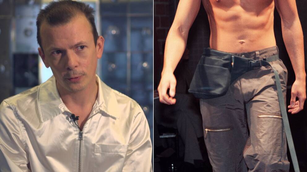 Philip Warkander, lektor i modevetenskap och en modell som visar en magväska.