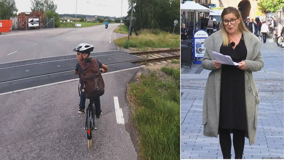 Till höger: reporter står med papper och tittar in i kameran. Till vänster: Pojke på cykel står och väntar vid järnvägsöverfart